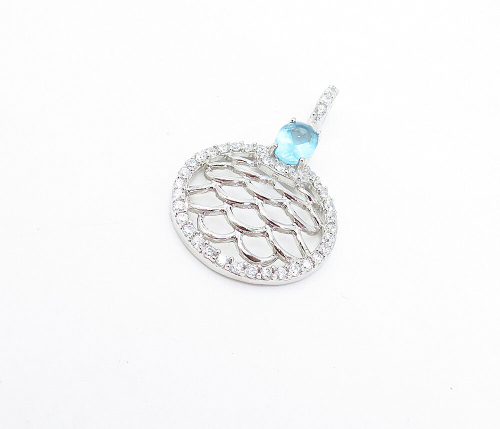 925 Sterling Silver  Blue & White Topaz Shiny Open Design Drop Pendant  PT5220
