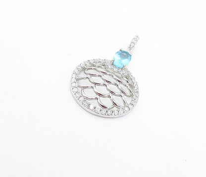 925 Sterling Silver  Blue & White Topaz Shiny Open Design Drop Pendant  PT5220