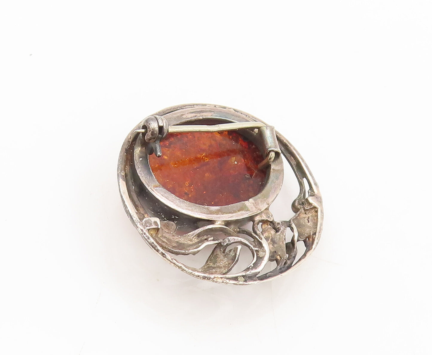 925 Silver  Vintage Swirly Cutout Leaf & Large Amber Round Brooch Pin  BP10515