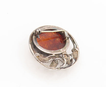 925 Silver  Vintage Swirly Cutout Leaf & Large Amber Round Brooch Pin  BP10515
