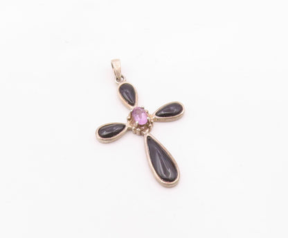 925 Silver  Vintage Amethyst & Black Onyx Religious Cross Pendant  PT21566