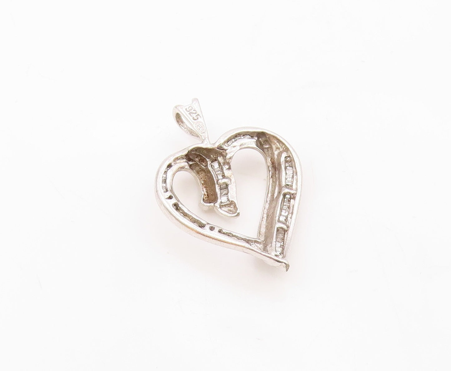 925 Sterling Silver  Vintage Genuine Diamonds Open Love Heart Pendant  PT17620