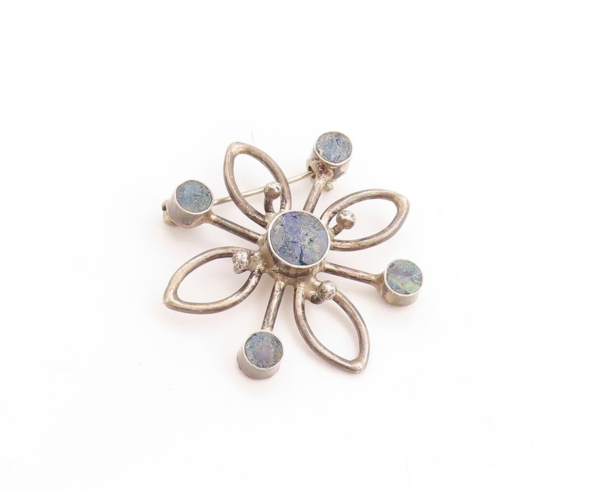 925 Sterling Silver Vintage Brooch Pin Designer Gemstone Cutout Flower  BP11422