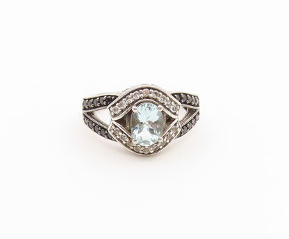 925 Sterling Silver Vintage Ring Aquamarine & Black Spinel Band  Sz 9  RG36869