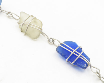 925 Sterling Silver  Wire Wrapped Blue & White Quartz Chain Bracelet  BT4748