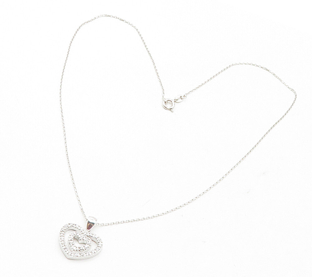 925 Sterling Silver  Shiny Topaz Open Double Love Heart Chain Necklace  NE2041