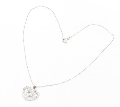 925 Sterling Silver  Shiny Topaz Open Double Love Heart Chain Necklace  NE2041