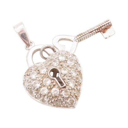 925 Sterling Silver Vintage Pendant CZ Heart Shaped Lock & Key  PT23965