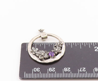 OR PAZ ISRAEL 925 Silver  Vintage Hammered Floral Amethyst Pendant  PT21477