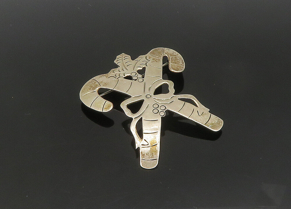 MEXICO 925 Sterling Silver  Vintage Shiny XMas Candy Canes Brooch Pin  BP8315