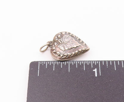 925 Sterling Silver  Vintage Carved Swirls & Leaf Love Heart Pendant  PT21348