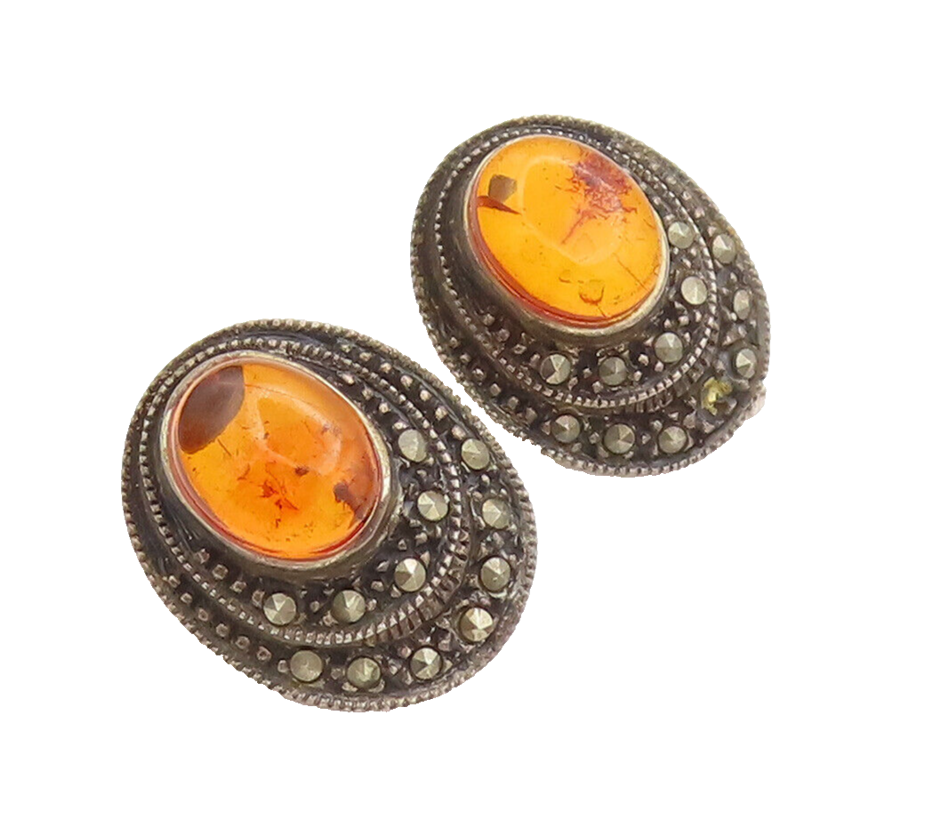 925 Sterling Silver  Vintage Oval Amber Halo Malachite Band Earrings EG12580