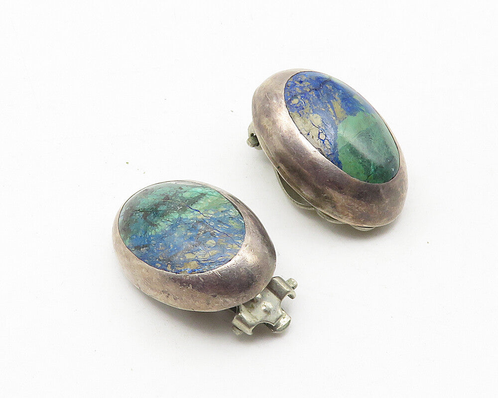 MEXICO 925 Sterling Silver  Vintage Azurite Non Pierce Drop Earrings  EG5640