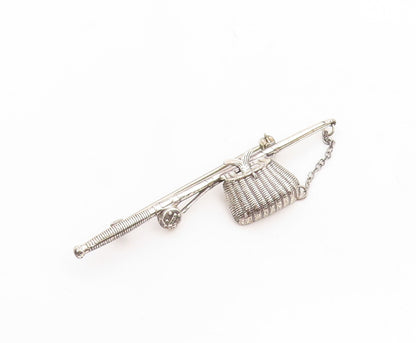 925 Sterling Silver Vintage Brooch Pin BEAU Carved Fishing Bag & Stick  BP11360
