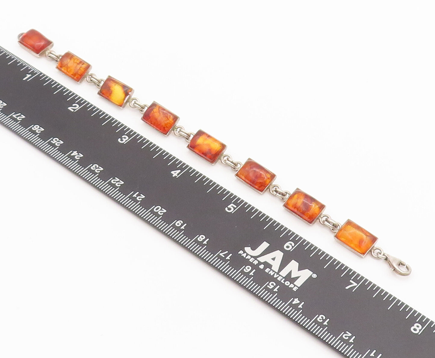 925 Sterling Silver Vintage Bracelet Solid Rectangular Linked Amber   BT10267