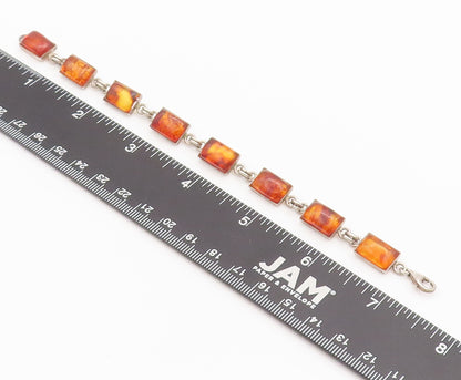 925 Sterling Silver Vintage Bracelet Solid Rectangular Linked Amber   BT10267
