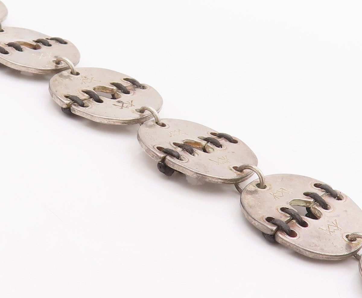 925 Sterling Silver Vintage Bracelet Designer Stitched Coin Ring Links  BT10463