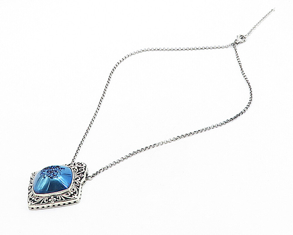 BERIA 925 Silver  Vintage Blue Druzy Stone Floral Swirl Chain Necklace  NE1324