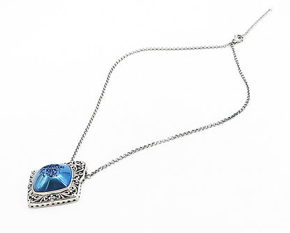 BERIA 925 Silver  Vintage Blue Druzy Stone Floral Swirl Chain Necklace  NE1324