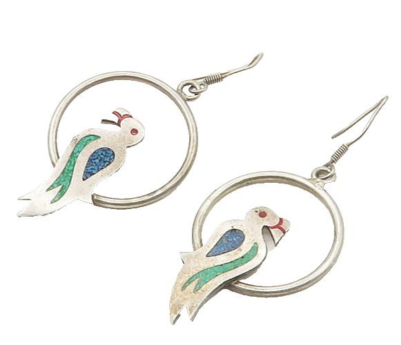 MEXICO 925 Silver  Vintage Crushed Turquoise Bird Motif Drop Earrings  EG8896