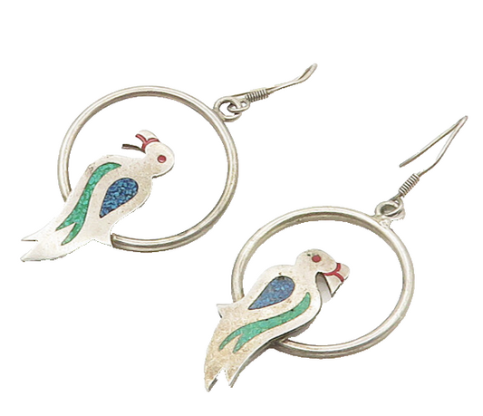 MEXICO 925 Silver  Vintage Crushed Turquoise Bird Motif Drop Earrings  EG8896