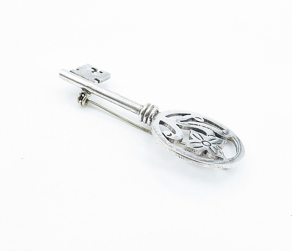 MEXICO 925 Sterling Silver  Vintage Floral Swirl Key Motif Brooch Pin  BP1321