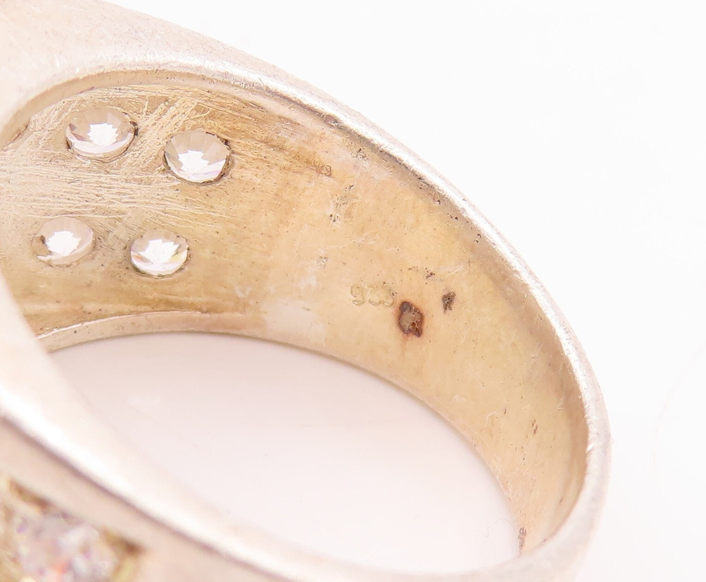 925 Sterling Silver Vintage Ring Large Solid Round CZ Inlay  Sz 8.5  RG28876