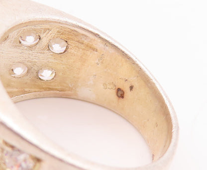 925 Sterling Silver Vintage Ring Large Solid Round CZ Inlay  Sz 8.5  RG28876