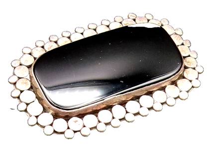 925 Sterling Silver Vintage Dotted Edge Rectangle Black Onyx Brooch Pin BP9649