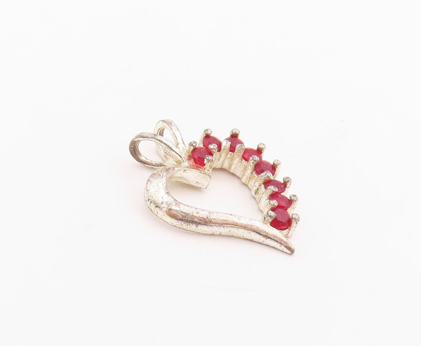 925 Sterling Silver Vintage Pendant Red Ruby Love Heart Cut Out Charm  PT24754