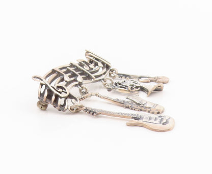 925 Sterling Silver Vintage Brooch Musical Notes & Dangling Instruments  BP11697