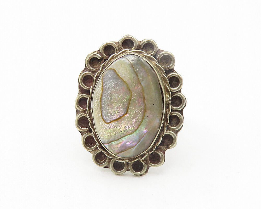 925 Sterling Silver  Vintage Abalone Shell Floral Cocktail Ring Sz 6  RG10968