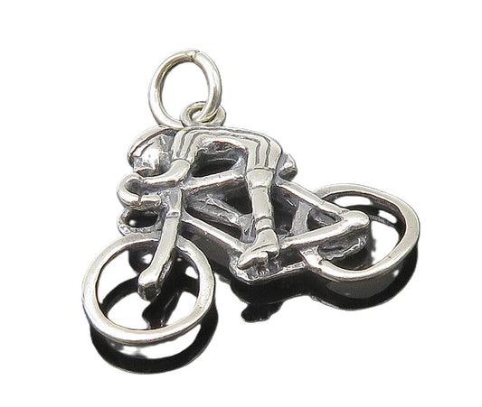 925 Sterling Silver  Vintage Shiny Cyclist On Bicycle Sports Pendant  PT18172