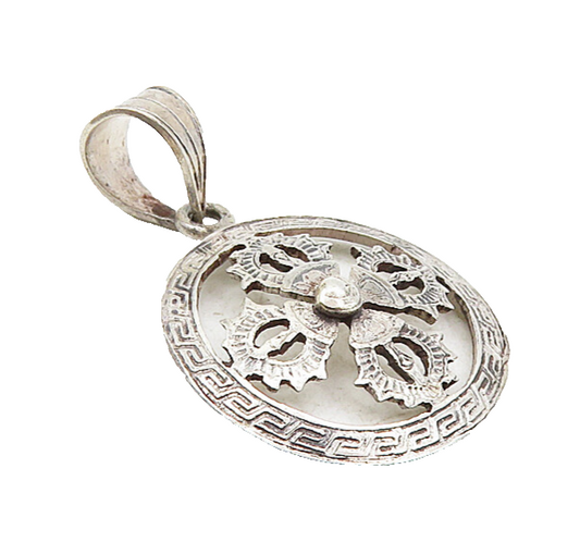 925 Sterling Silver  Vintage Petite Greek Key Floral Leaf Drop Pendant  PT6796