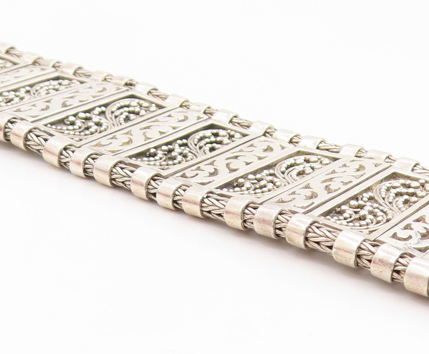 925 Sterling Silver Vintage Bracelet LOIS HILL Wide Scrollwork Panel  BT11919