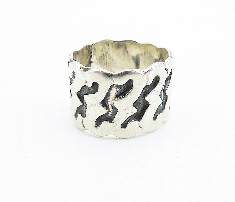 MEXICO 925 Silver Vintage Oxidized Pattern Shiny Wavy Band Ring Sz 7 RG7410