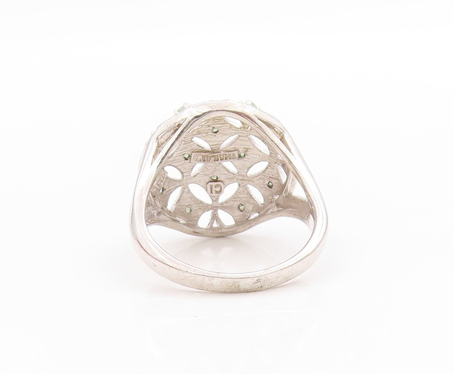 925 Sterling Silver Vintage Ring Emerald Floral Cut Out Split Band  Sz 7 RG33580