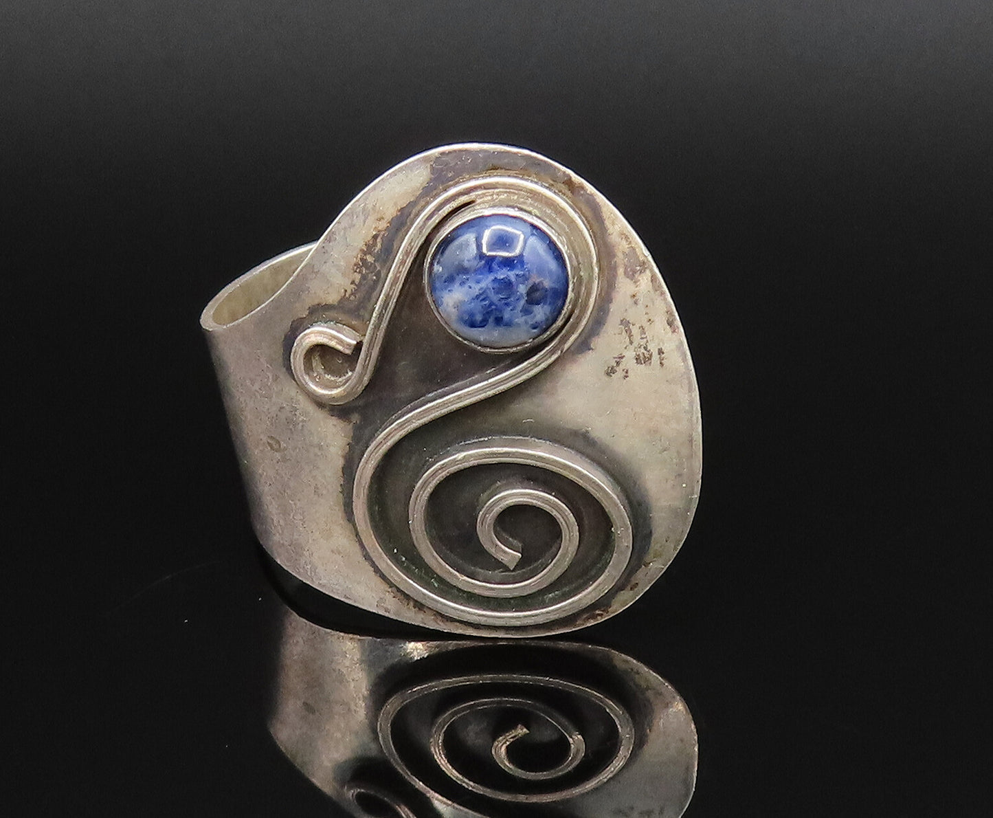 ISRAEL 925 Sterling Silver Vintage Sodalite & Spiral Wrap Ring Sz 9.5  RG25820