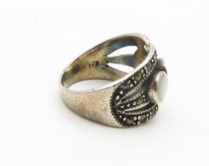 925 Sterling Silver  Vintage Mother Of Pearl & Onyx Band Ring Sz 6  RG13676