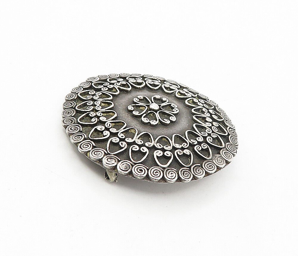 925 Sterling Silver  Vintage Dark Tone Floral Patterned Brooch Pin  BP3083