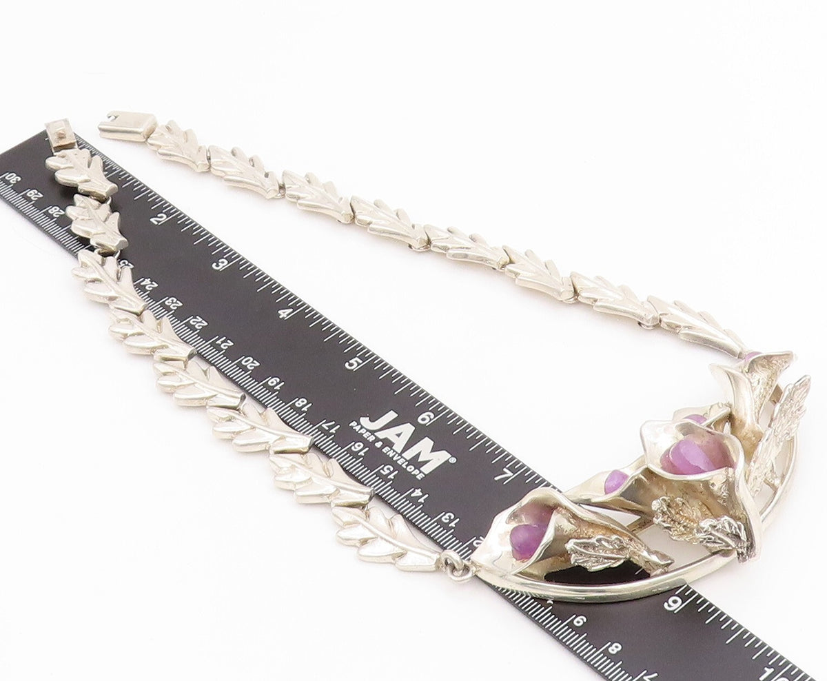 925 Sterling Silver Vintage Necklace MEXICO Heavy Cutout Gemstone Lily  NE4476