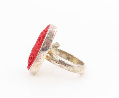 925 Sterling Silver Vintage Ring SAJEN Carved Red Floral Band  Sz 7.5  RG34641