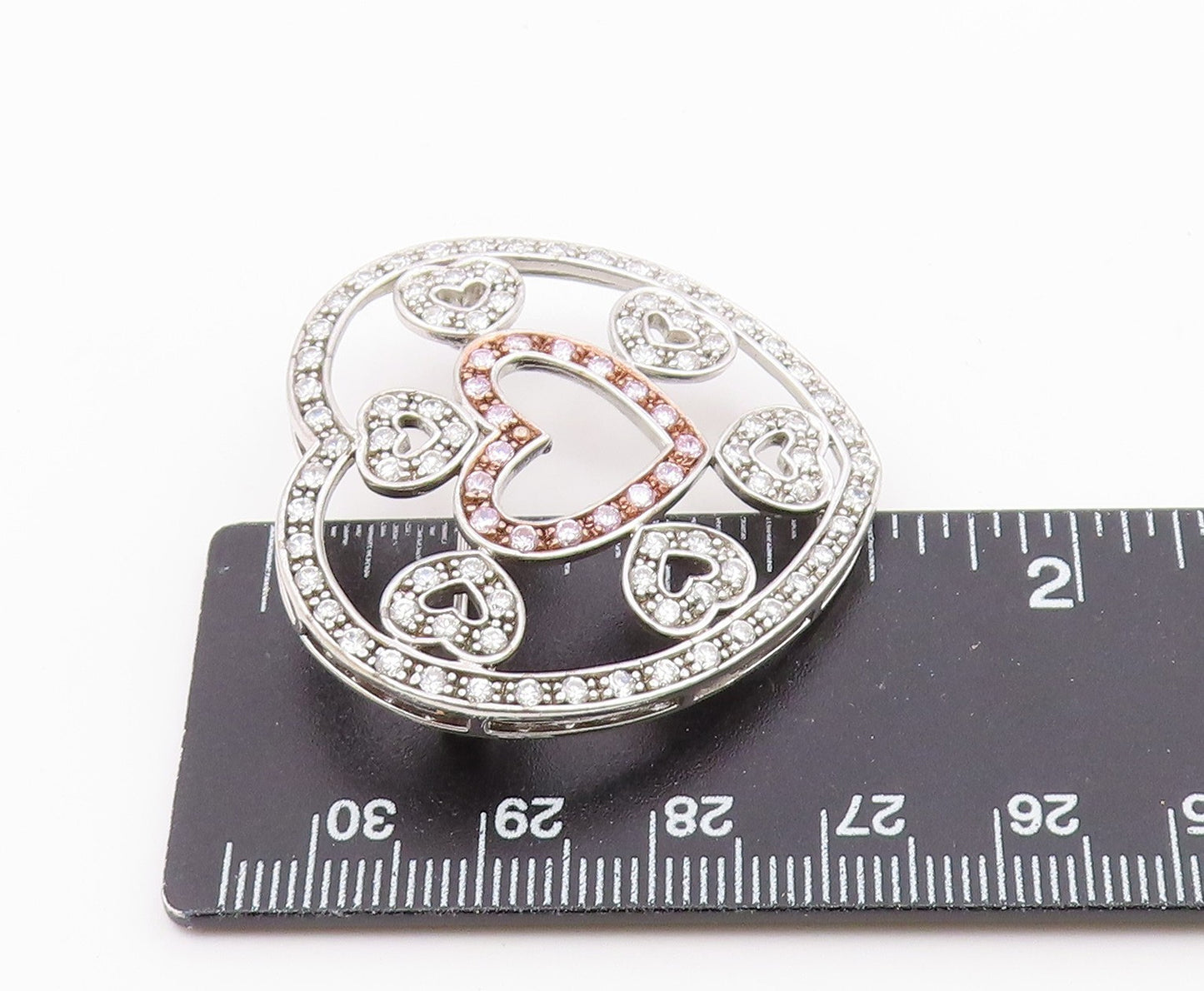 925 Sterling Silver  Pink & White Cubic Zirconia Love Heart Brooch Pin  BP5490