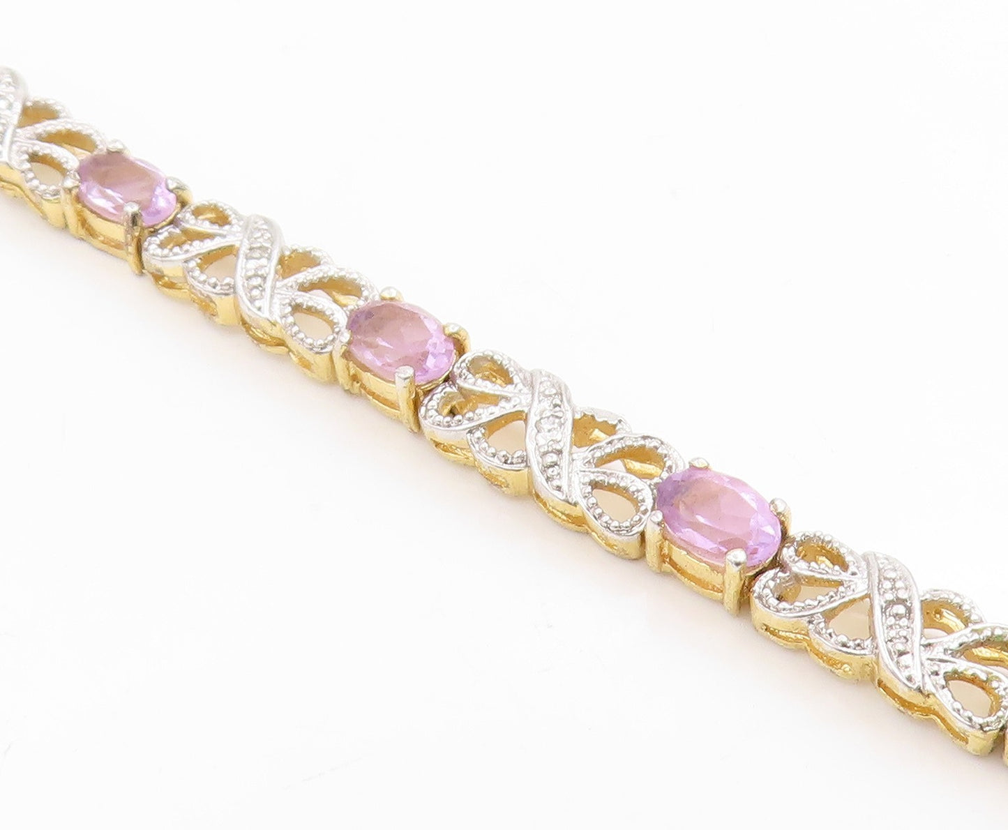 925 Sterling Silver Vintage Bracelet Gold Plated Elegant Amethyst Link  BT12007