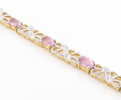 925 Sterling Silver Vintage Bracelet Gold Plated Elegant Amethyst Link  BT12007