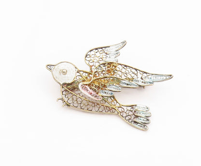 925 Sterling Silver Vintage Brooch Pin Gold Plated Filigree Bird Charm  BP12410