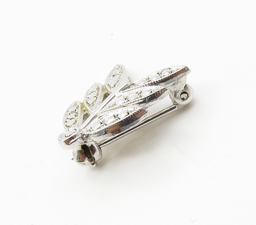 925 Sterling Silver  Vintage Sparkling Petite Floral Leaves Brooch Pin  BP6398