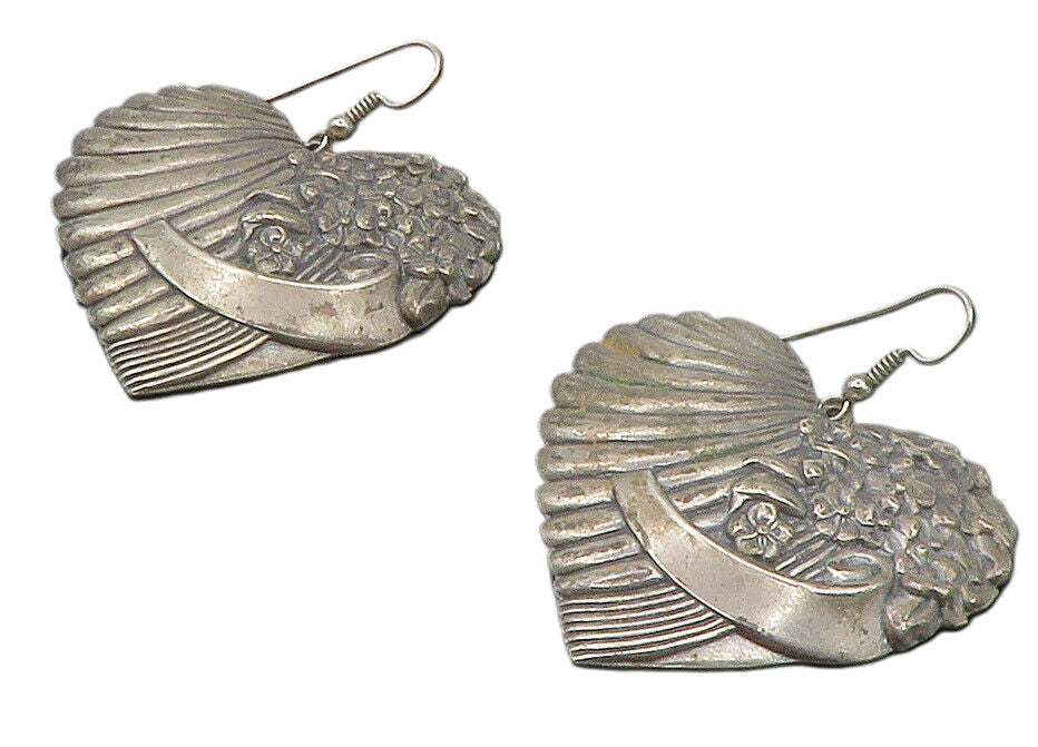 925 Sterling Silver  Vintage Floral Love Heart Oxidized Dangle Earrings EG7041