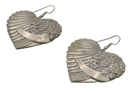 925 Sterling Silver  Vintage Floral Love Heart Oxidized Dangle Earrings EG7041