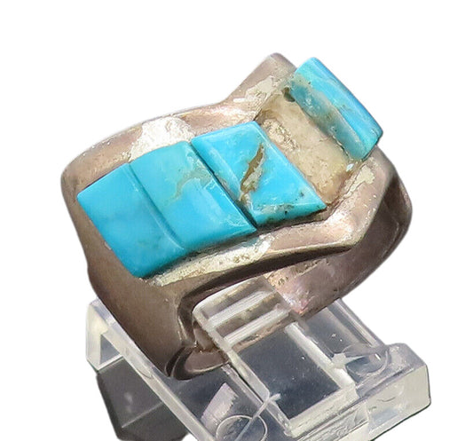 ZUNI NAVAJO 925 Silver  Vintage Antique Turquoise Zigzag Ring Sz 8  RG27139
